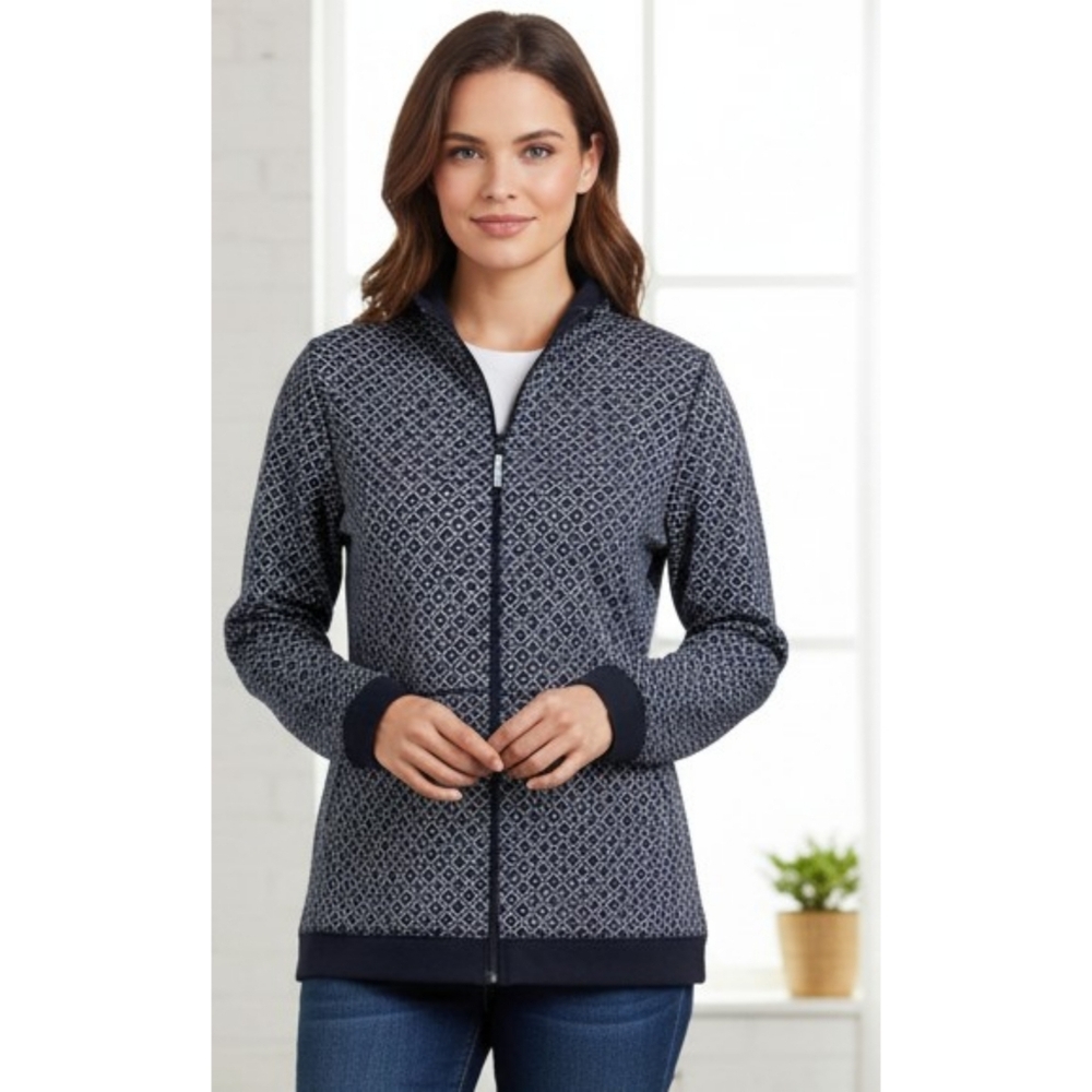 T By Talbots Mockneck Zip Front Athleisure Jacket Navy & White Size M